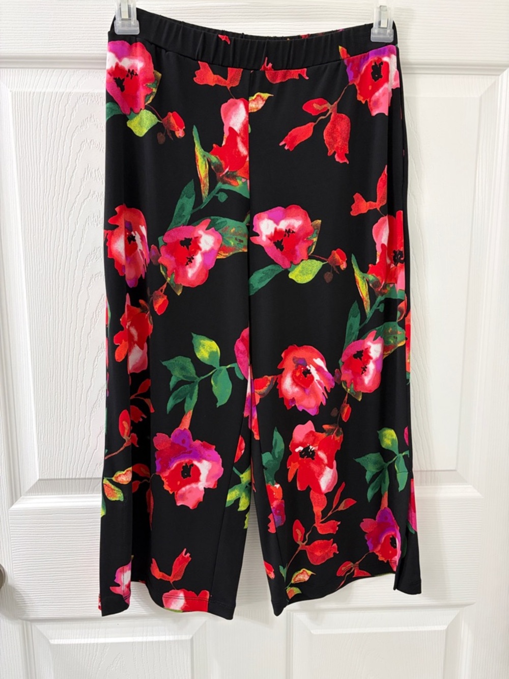 Black Floral Wide-Leg Palazzo Pants - Bold Red & Pink Flowers